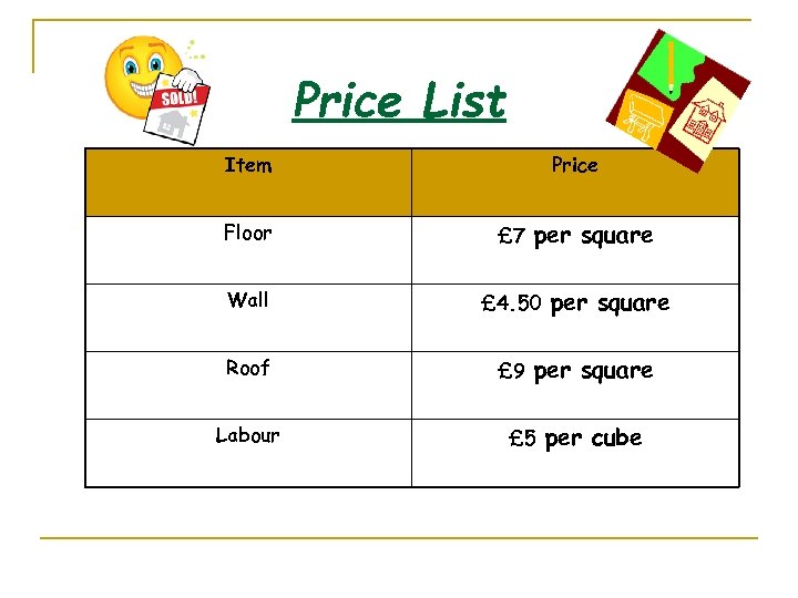 Price List Item Price Floor £ 7 per square Wall £ 4. 50 per