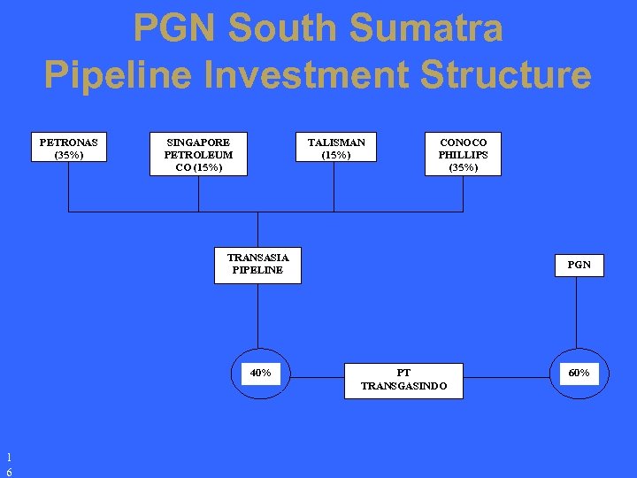 PGN South Sumatra Pipeline Investment Structure PETRONAS (35%) TALISMAN (15%) SINGAPORE PETROLEUM CO (15%)