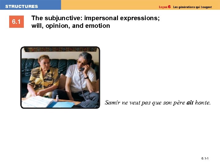 6. 1 The subjunctive: impersonal expressions; will, opinion, and emotion Samir ne veut pas