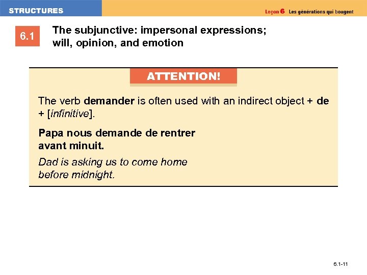 6. 1 The subjunctive: impersonal expressions; will, opinion, and emotion ATTENTION! The verb demander