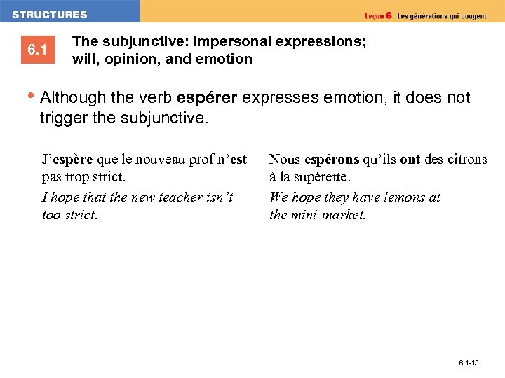 6. 1 The subjunctive: impersonal expressions; will, opinion, and emotion • Although the verb