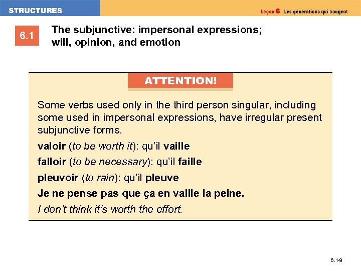 6. 1 The subjunctive: impersonal expressions; will, opinion, and emotion ATTENTION! Some verbs used