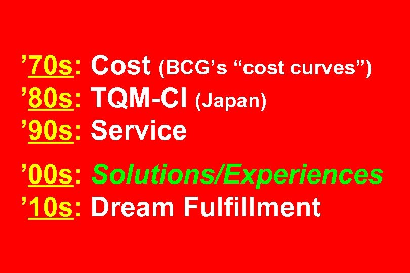 ’ 70 s: Cost (BCG’s “cost curves”) ’ 80 s: TQM-CI (Japan) ’ 90