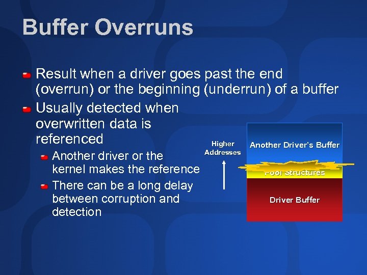 Buffer Overruns Result when a driver goes past the end (overrun) or the beginning