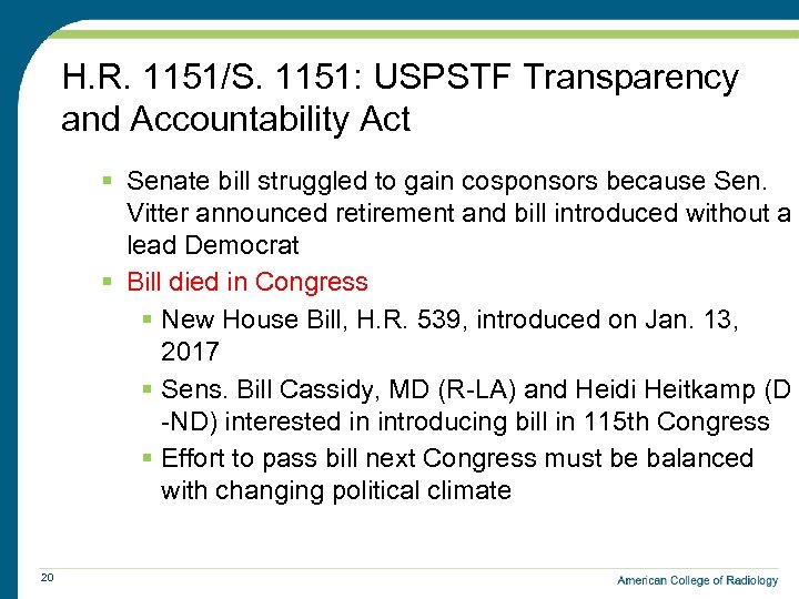 H. R. 1151/S. 1151: USPSTF Transparency and Accountability Act § Senate bill struggled to