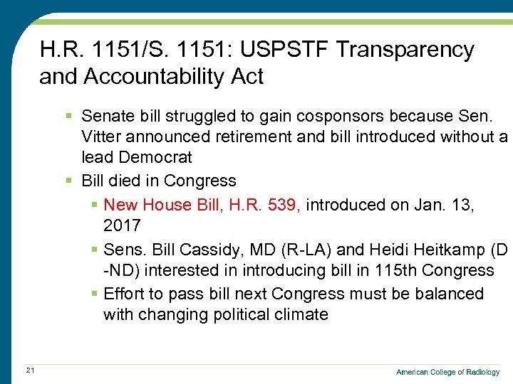H. R. 1151/S. 1151: USPSTF Transparency and Accountability Act § Senate bill struggled to