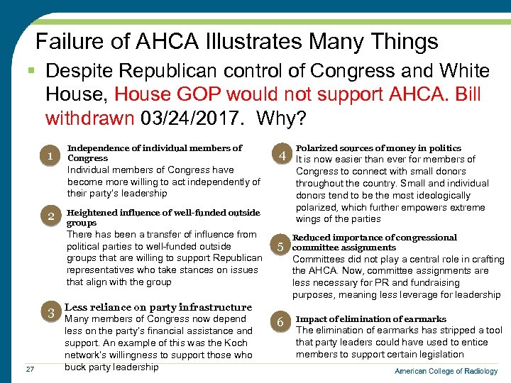 Failure of AHCA Illustrates Many Things § Despite Republican control of Congress and White