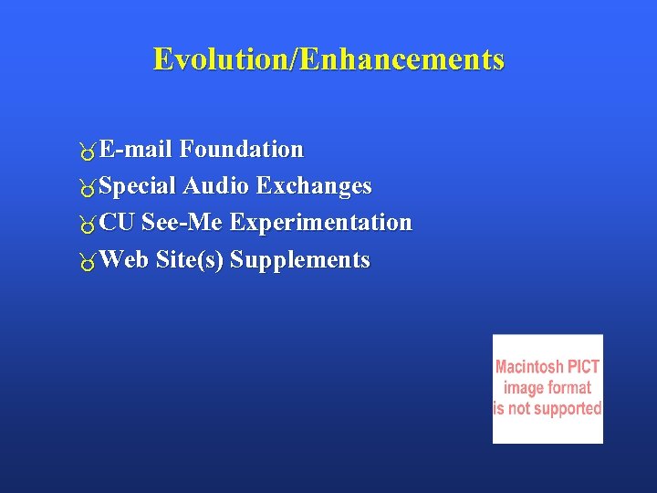 Evolution/Enhancements E-mail Foundation Special Audio Exchanges CU See-Me Experimentation Web Site(s) Supplements 