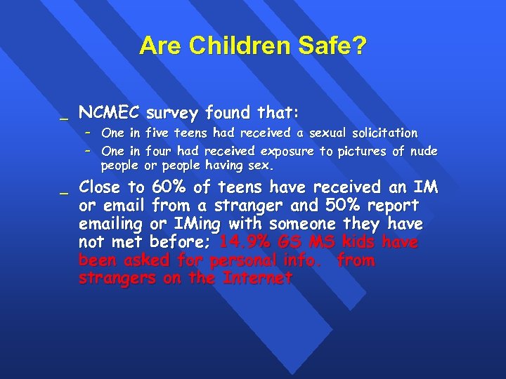 Are Children Safe? _ NCMEC survey found that: – One in five teens had