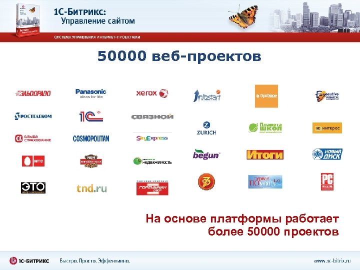 50000 веб-проектов На основе платформы работает более 50000 проектов 