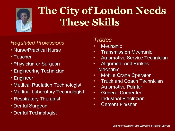 The City of London Needs These Skills Regulated Professions • Nurse/Practical Nurse • Teacher