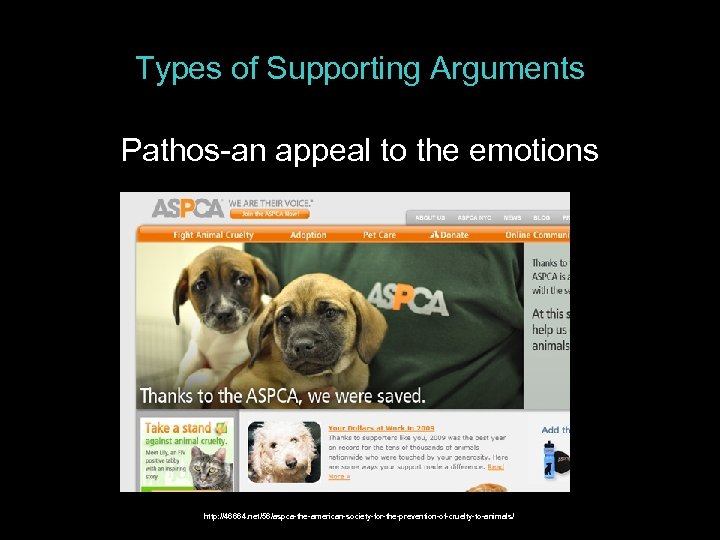 Types of Supporting Arguments Pathos-an appeal to the emotions http: //46664. net/56/aspca-the-american-society-for-the-prevention-of-cruelty-to-animals/ 