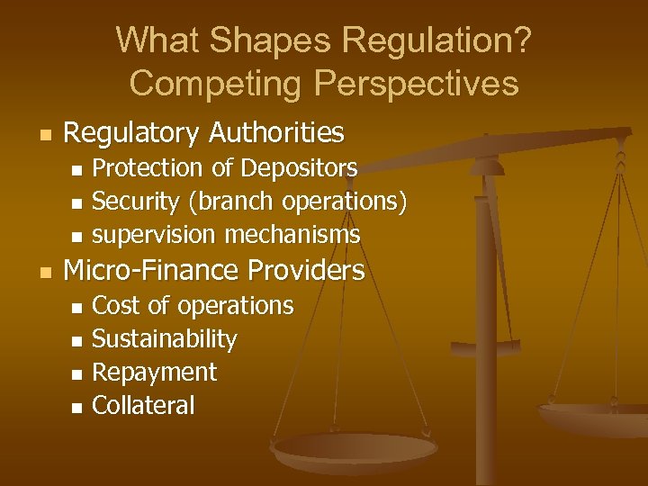 What Shapes Regulation? Competing Perspectives n Regulatory Authorities Protection of Depositors n Security (branch