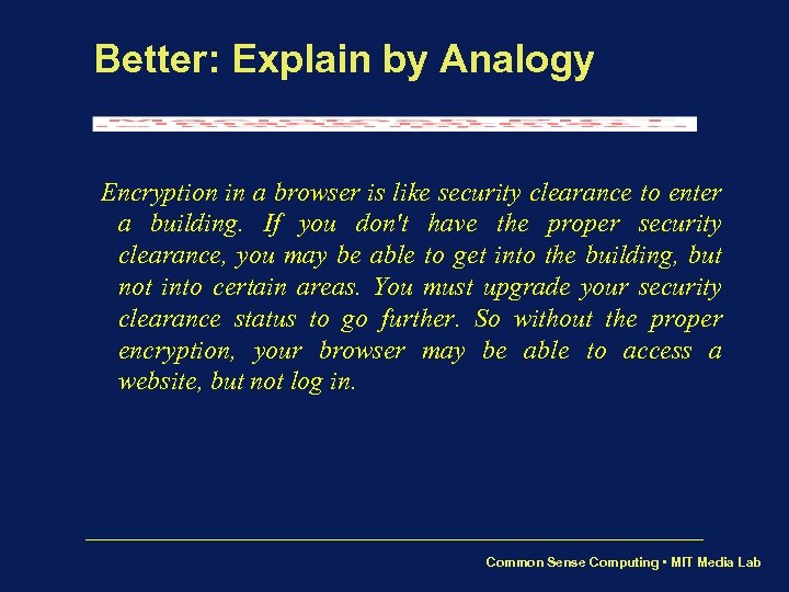 Better: Explain by Analogy Encryption in a browser is like security clearance to enter
