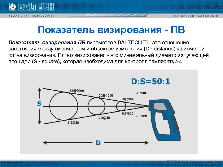 Показатель визирования - ПВ Показатель визирования ПВ пирометров BALTECH TL это отношение расстояния между