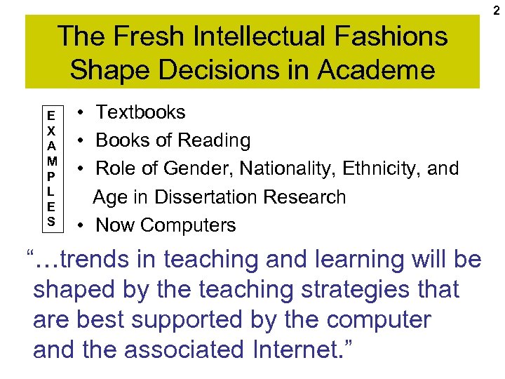 2 The Fresh Intellectual Fashions Shape Decisions in Academe E X A M P