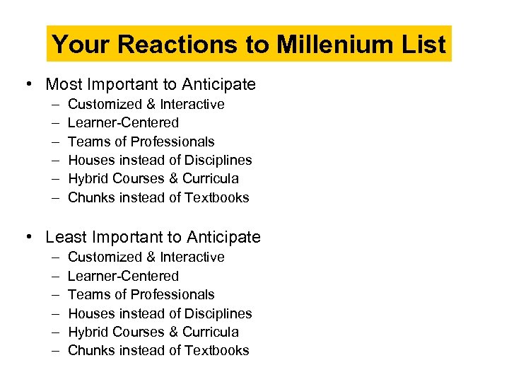 Your Reactions to Millenium List • Most Important to Anticipate – – – Customized
