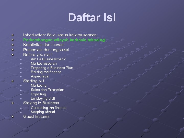 Daftar Isi Introduction: Studi kasus kewirausahaan Perkembangan wilayah berbasis teknologi Kreativitas dan inovasi Presentasi