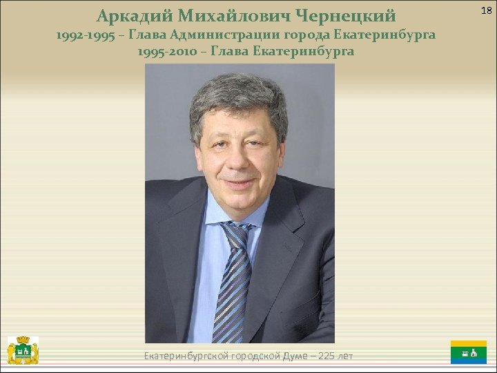 Аркадий Михайлович Чернецкий 1992 -1995 – Глава Администрации города Екатеринбурга 1995 -2010 – Глава