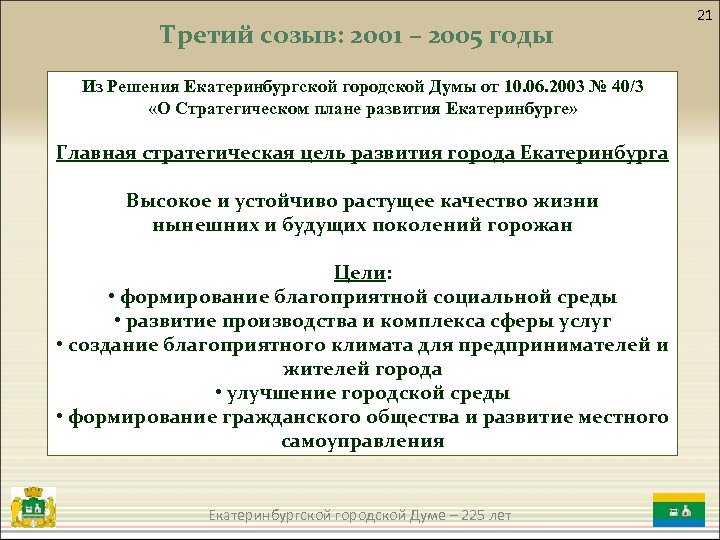 Третий созыв: 2001 – 2005 годы Из Решения Екатеринбургской городской Думы от 10. 06.