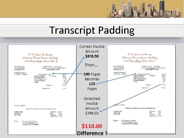 Transcript Padding Correct Invoice Amount $678. 50 Then… 100 Pages Becomes 125 Pages Stretched