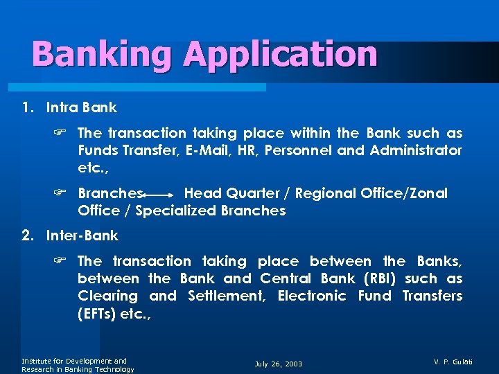 Banking Application 1. Intra Bank F The transaction taking place within the Bank such