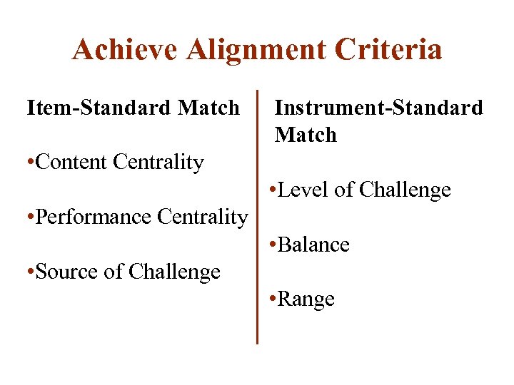 Achieve Alignment Criteria Item-Standard Match • Content Centrality • Performance Centrality • Source of