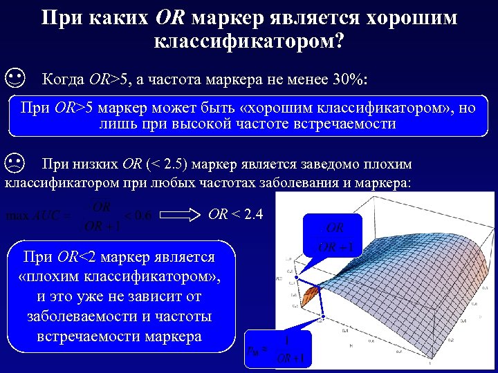 При каких OR маркер является хорошим классификатором? Когда OR>5, а частота маркера не менее