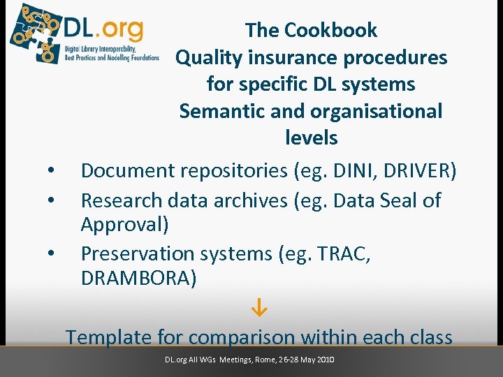The Cookbook Quality insurance procedures for specific DL systems Semantic and organisational levels •