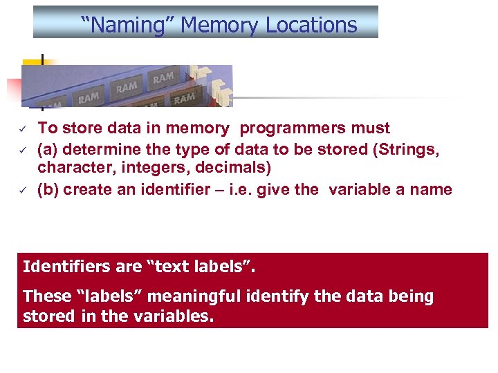 “Naming” Memory Locations ü ü ü To store data in memory programmers must (a)