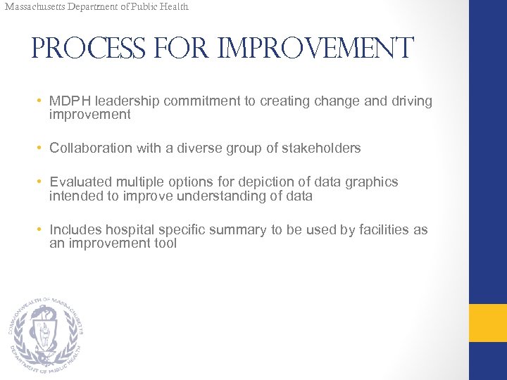 Massachusetts Department of Public Health Process for Improvement • MDPH leadership commitment to creating