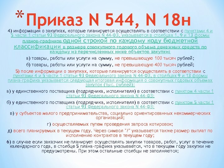 * Приказ N 544, N 18 н 4) информация о закупках, которые планируется осуществлять
