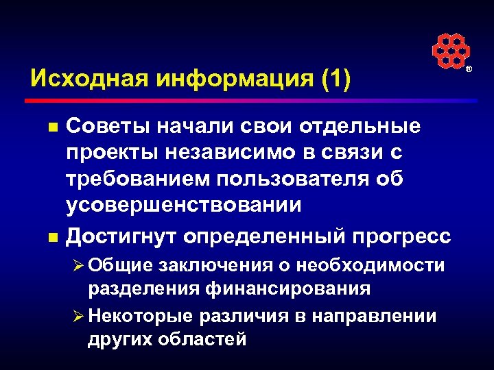 Исходная информация (1) n n Советы начали свои отдельные проекты независимо в связи с