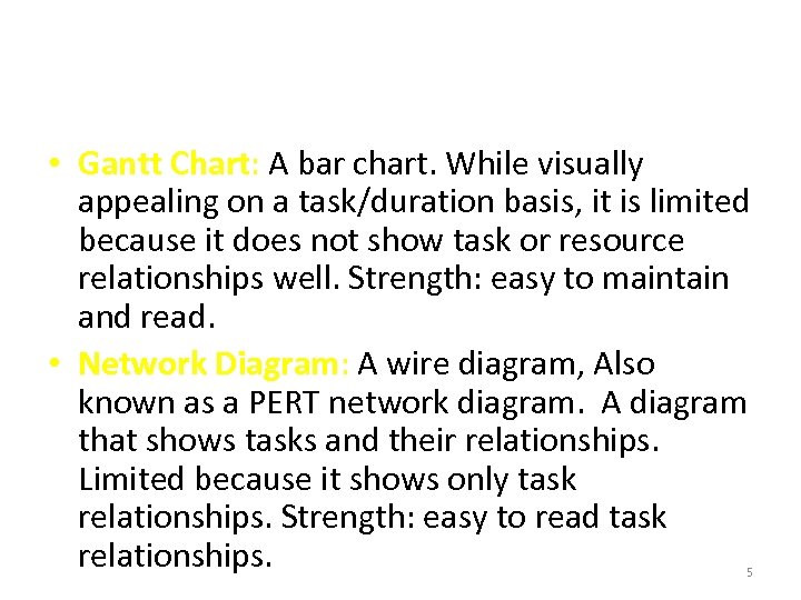  • Gantt Chart: A bar chart. While visually appealing on a task/duration basis,