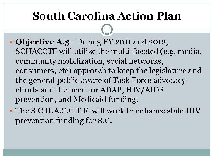 South Carolina Action Plan Objective A. 3: During FY 2011 and 2012, SCHACCTF will