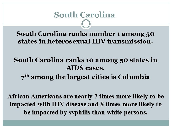 South Carolina ranks number 1 among 50 states in heterosexual HIV transmission. South Carolina