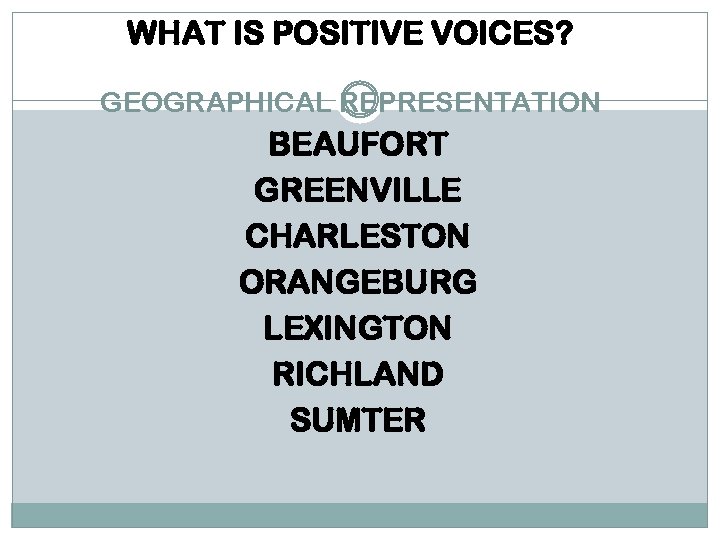 WHAT IS POSITIVE VOICES? GEOGRAPHICAL REPRESENTATION BEAUFORT GREENVILLE CHARLESTON ORANGEBURG LEXINGTON RICHLAND SUMTER 