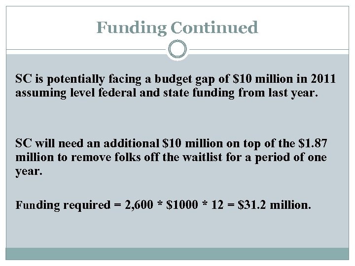 Funding Continued SC is potentially facing a budget gap of $10 million in 2011