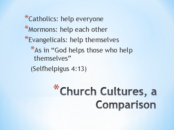 *Catholics: help everyone *Mormons: help each other *Evangelicals: help themselves *As in “God helps