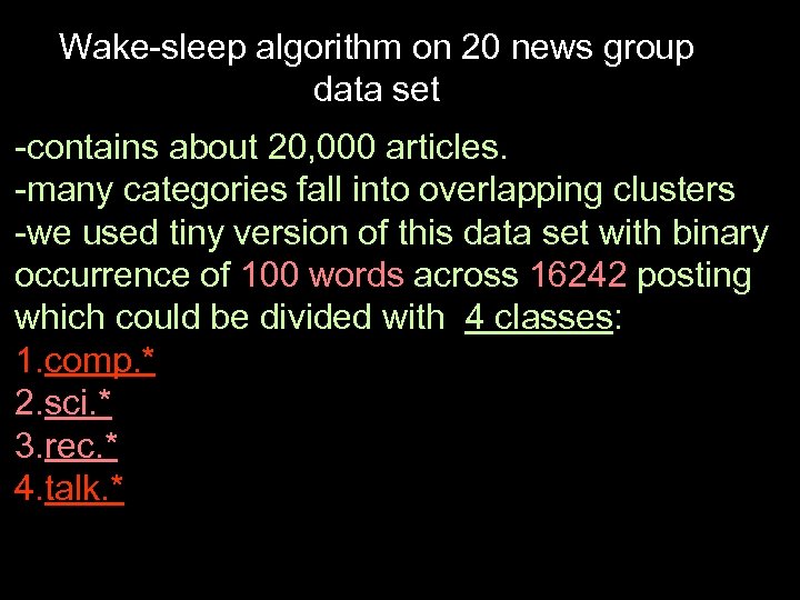 Wake-sleep algorithm on 20 news group data set -contains about 20, 000 articles. -many