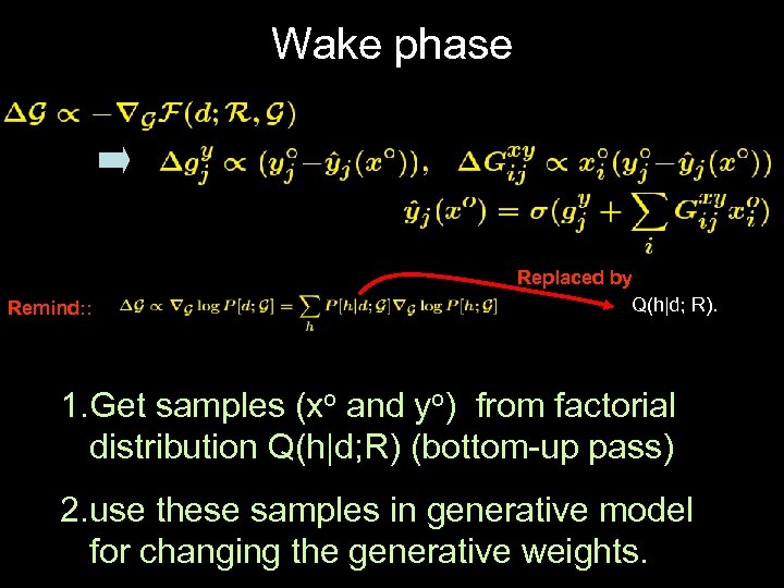 Wake phase Remind: : Replaced by Q(h|d; R). 1. Get samples (xo and yo)