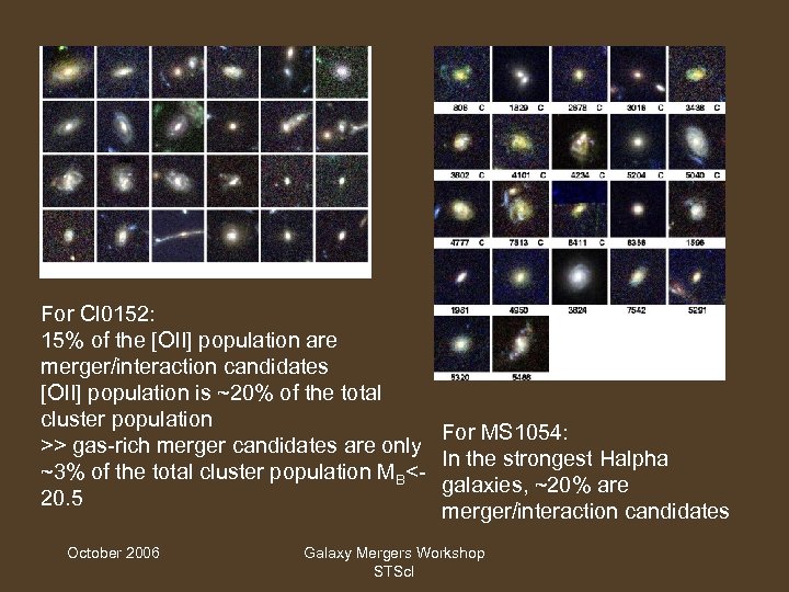 For Cl 0152: 15% of the [OII] population are merger/interaction candidates [OII] population is