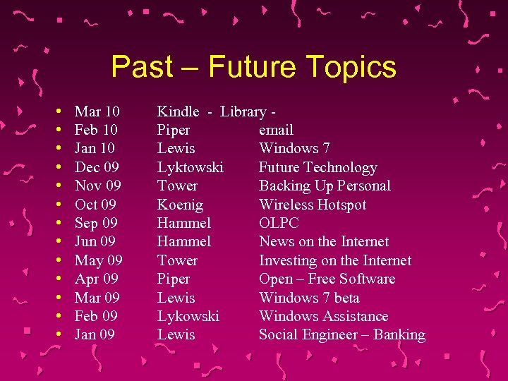 Past – Future Topics • • • • Mar 10 Feb 10 Jan 10