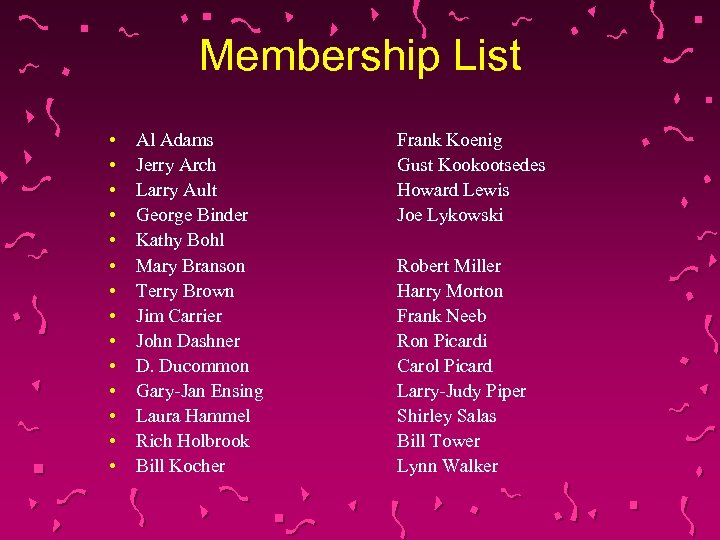 Membership List • • • • Al Adams Jerry Arch Larry Ault George Binder