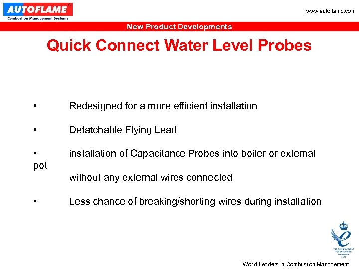 www. autoflame. com New Product Developments Quick Connect Water Level Probes • Redesigned for