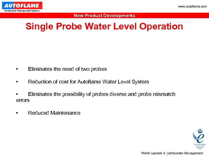 www. autoflame. com New Product Developments Single Probe Water Level Operation • Eliminates the