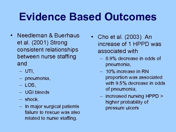 Evidence Based Outcomes • Needleman & Buerhaus et al. (2001) Strong consistent relationships between