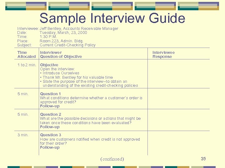 Sample Interview Guide Interviewee: Jeff Bentley, Accounts Receivable Manager Date: Tuesday, March, 23, 2000