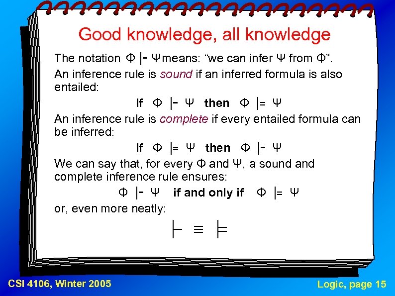 Good knowledge, all knowledge The notation Φ |- Ψmeans: “we can infer Ψ from
