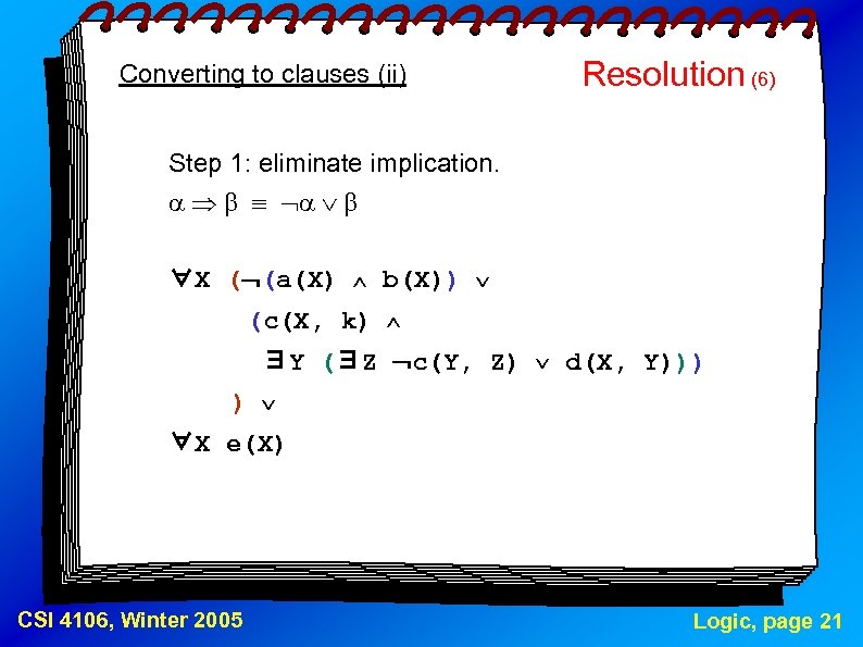 Converting to clauses (ii) Resolution (6) Step 1: eliminate implication. ∀X ( (a(X) b(X))